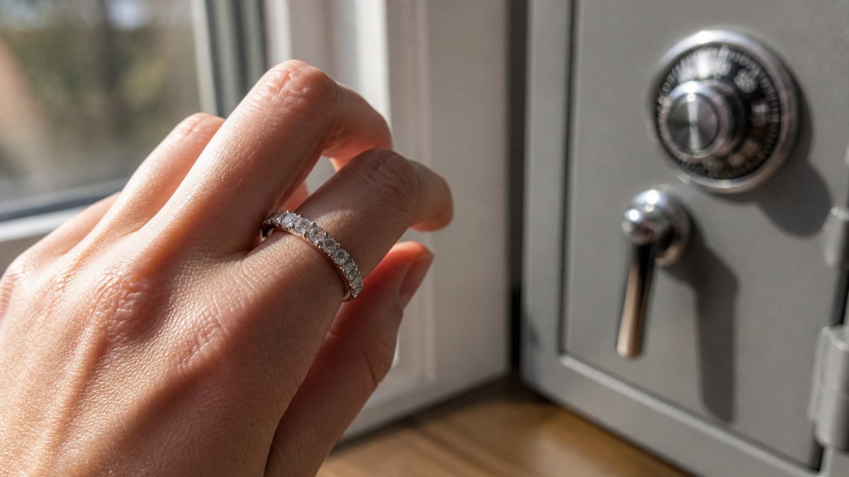 Close-up of a white gold claw set eternity ring with sparkling diamonds reflecting daylight by a window