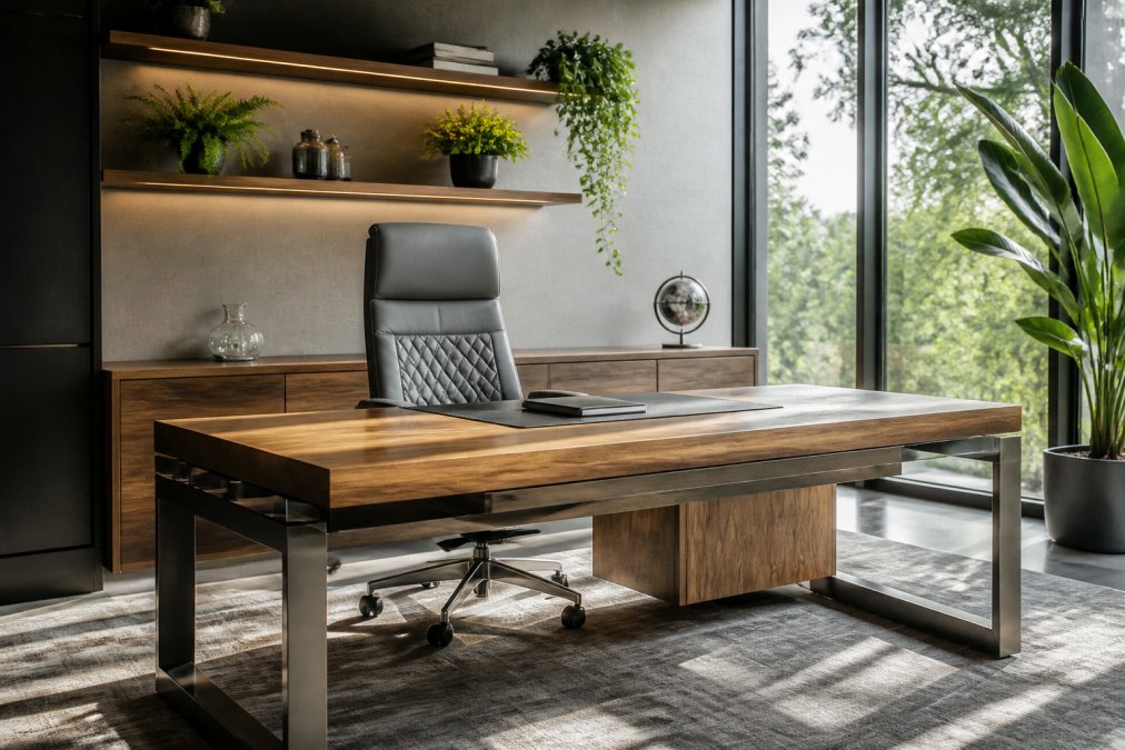 Modern executive office workspace featuring a handcrafted wooden desk with warm natural wood grain and sleek metal frame, paired with a grey leather-effect office chair with quilted detailing, natural light streaming through large windows, and potted green plants on floating shelves creating a sophisticated, biophilic environment