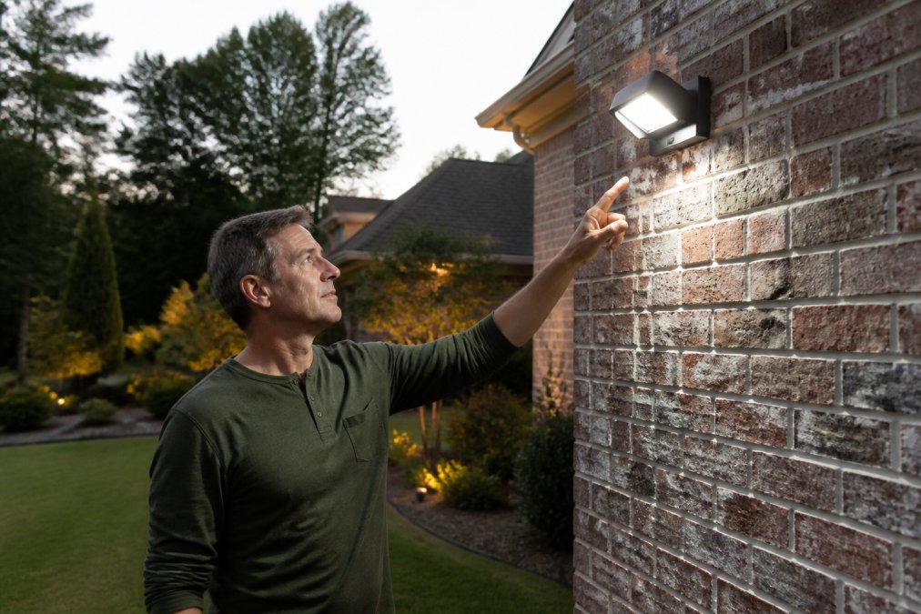 A homeowner in the evening pointing at a modern, sleek wall-mounted LED security light installed near the corner of a brick house, with a landscaped yard visible in the background
