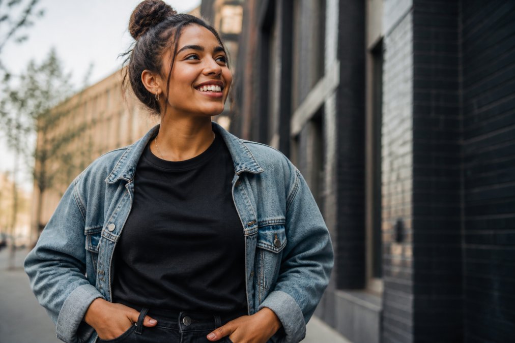 A young woman in a stylish black graphic tee and light denim jacket, smiling confidently in an urban setting with soft natural light
