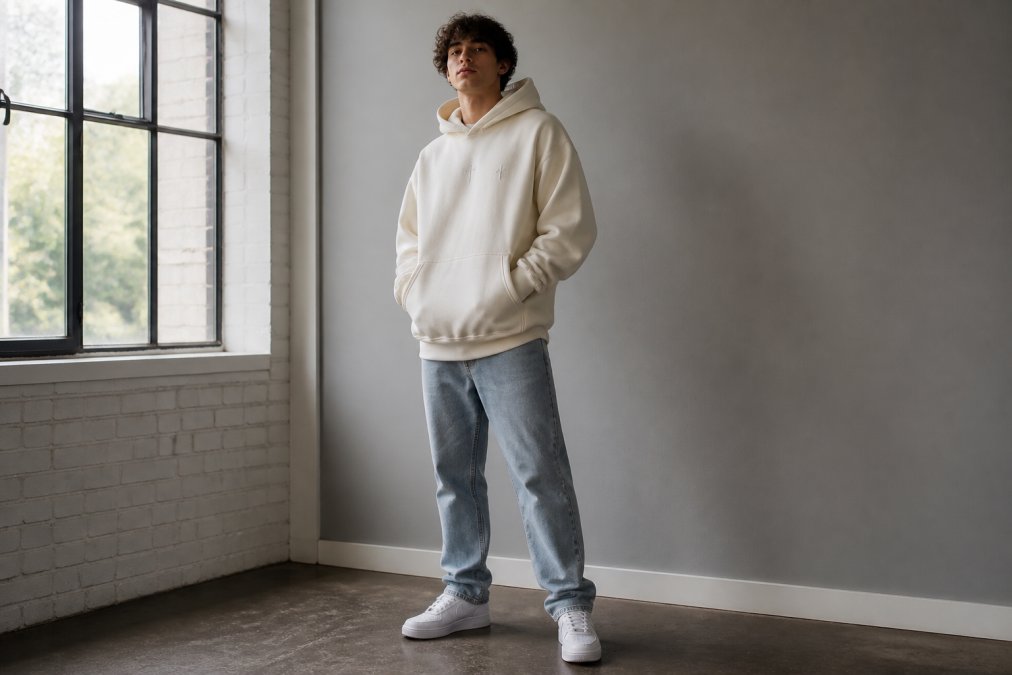 Young adult wearing an oversized cream-colored hoodie with subtle faith-inspired embroidery, styled with relaxed-fit jeans and clean white sneakers, standing confidently in natural window lighting against a neutral gray wall