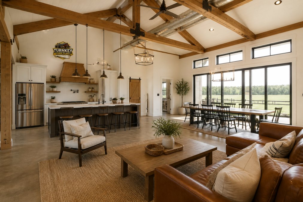 Interior of completed modern farmhouse barndominium with vaulted ceilings, exposed wood beam framing, open-concept kitchen and living area with natural light streaming through large windows, warm wood tones, and spacious floor plan