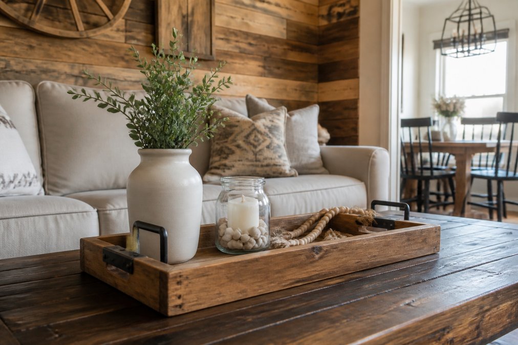 A styled modern farmhouse living room with a handcrafted white oak tray centerpiece holding candles and a small plant on a linen-upholstered coffee table, reclaimed wood accent wall visible in the background, warm afternoon light coming through sheer curtains