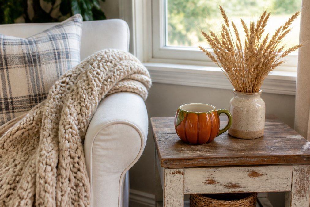 A cozy living room corner with a handmade ceramic pumpkin mug on a distressed wood side table, a chunky knit blanket draped over a slipcovered armchair, and a small vase of dried wheat stems nearby