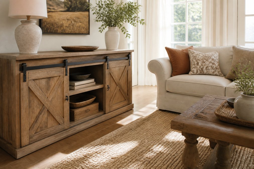 A sunlit living room corner with a rustic oak TV stand with sliding barn doors, a linen sofa with earth-tone throw pillows, and a woven jute rug on wide-plank wood flooring