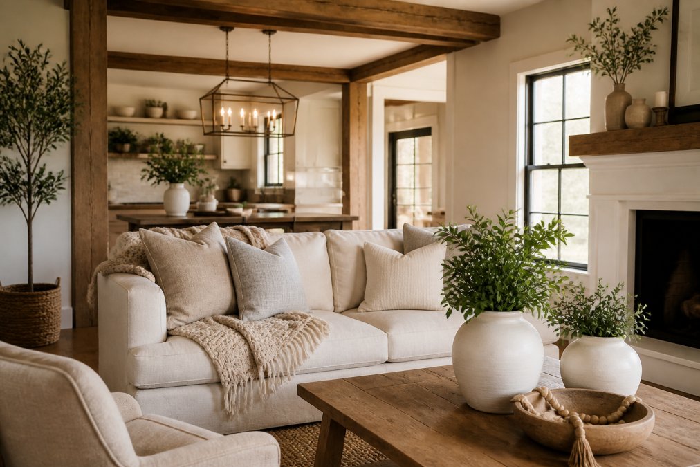 Bright modern farmhouse living room featuring a neutral-toned sofa layered with a handwoven alpaca throw, white ceramic cachepots with fresh greenery, exposed hand-hewn wooden beam accents, and warm golden lighting from statement fixtures