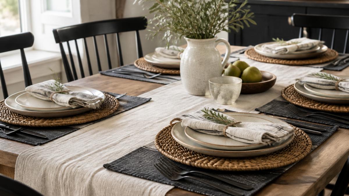 Styled farmhouse dining table with layered neutral linens in cream and charcoal, featuring woven placemats, a taupe table runner, and folded linen napkins with natural window light illuminating the textures and weaves