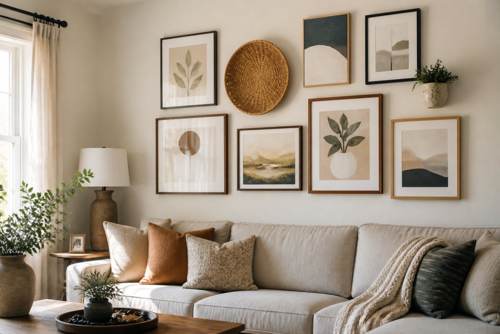 Asymmetrical gallery wall with abstract prints and woven decor as a modern alternative to farmhouse wall art