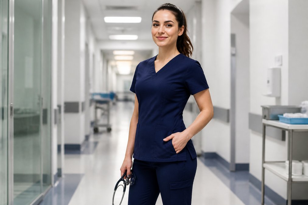 A female nurse in a fitted navy blue scrub set standing confidently in a bright hospital hallway, one hand holding a stethoscope, the tailored silhouette clearly visible against the clean white walls