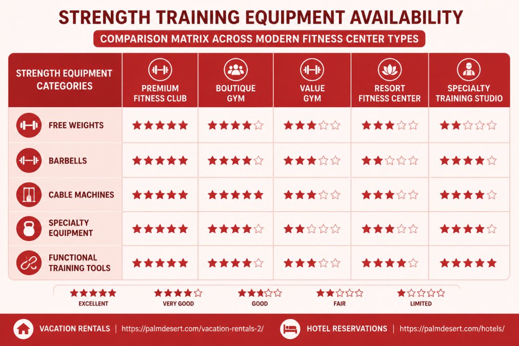 Comparison matrix showing strength training equipment categories (free weights, barbells, cable machines, specialty equipment, functional training tools) with availability ratings across 5 modern fitness center types