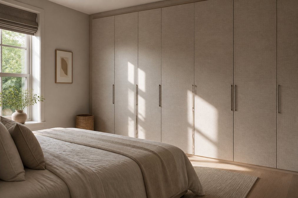 Modern bedroom with floor-to-ceiling fitted wardrobe in soft greige finish with subtle texture, natural morning light streaming through window highlighting matte panels and warm undertones, minimalist bedroom setting with natural linen bedding