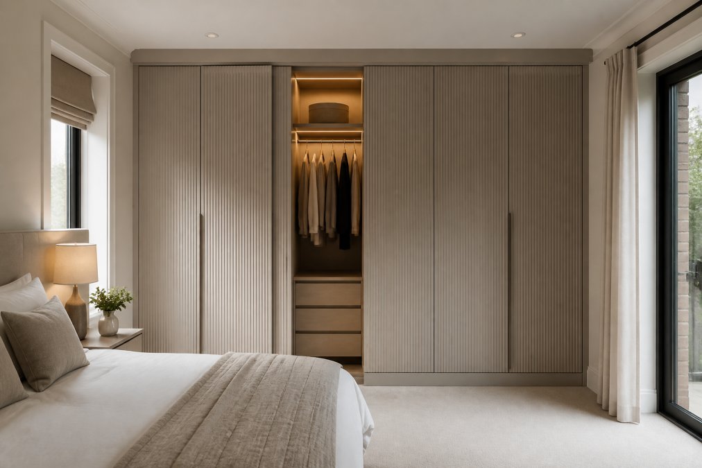 Luxury bedroom with bespoke fitted wardrobe featuring fluted panels integrated seamlessly into bedroom alcove, soft warm ambient lighting visible from interior, clean contemporary lines, matte greige finish blending with soft white walls, natural window light
