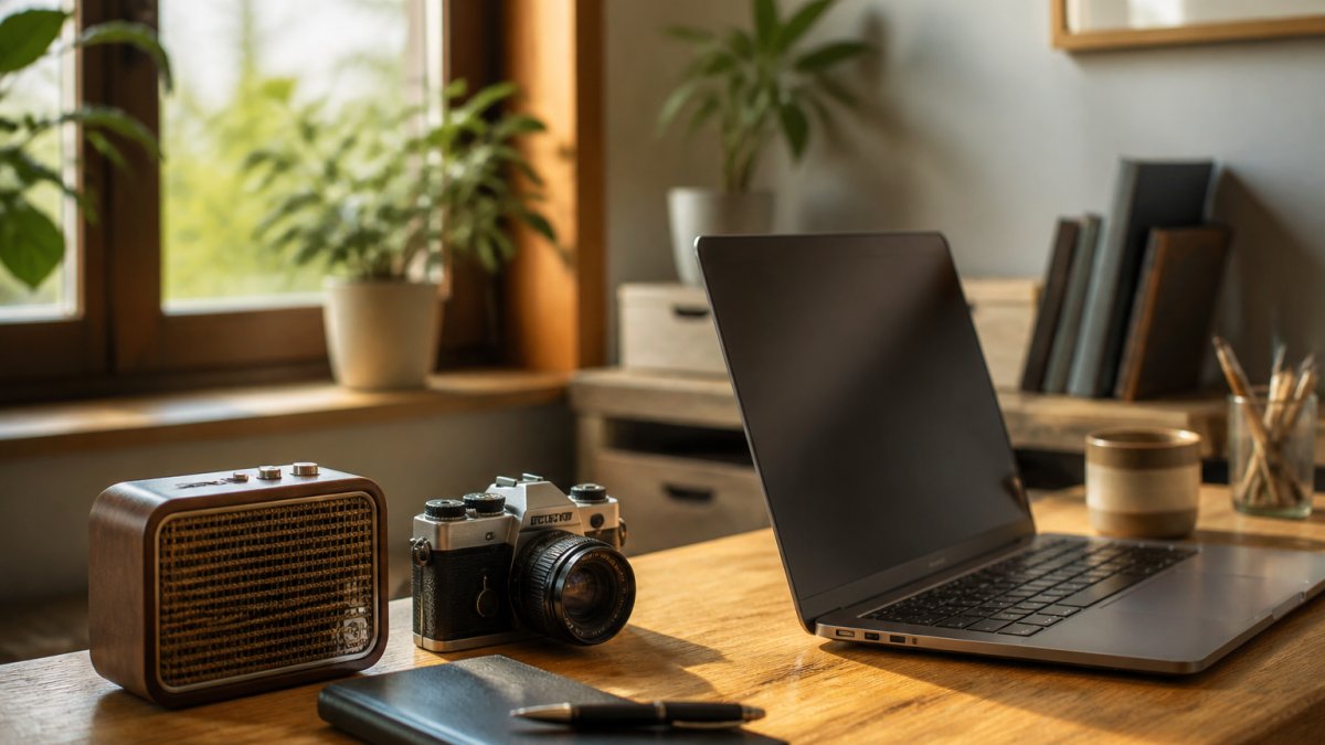 A young professional's home office desk with a small retro-styled Bluetooth speaker, a vintage-inspired camera, and a laptop, warm afternoon light through a window