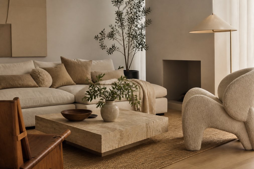 Styled minimalist living room featuring neutral tones, soft textures like linen and wood, a sculptural statement chair, and warm lighting creating an inviting yet uncluttered atmosphere