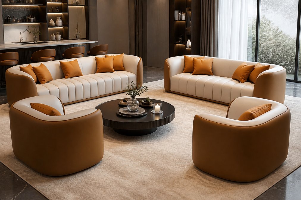 Modern living room with a sculptural leather sofa as the focal point, featuring clean lines and organic curves, soft ambient lighting highlighting the furniture's form and rich texture, neutral walls creating visual calm