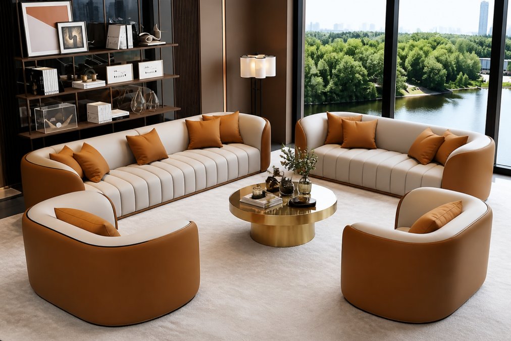 Curated living room sanctuary with a gold stainless steel coffee table, neutral color palette with warm undertones, mixed textures including plush seating and leather accents, natural light streaming through large windows creating visual harmony and depth