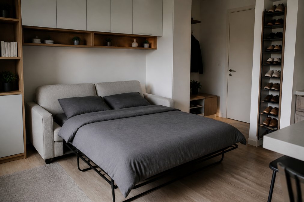 A compact living room in a tiny home with a modern sofa bed folded out into a bed, surrounded by slim storage furniture and a vertical shoe rack, styled with a minimalist aesthetic