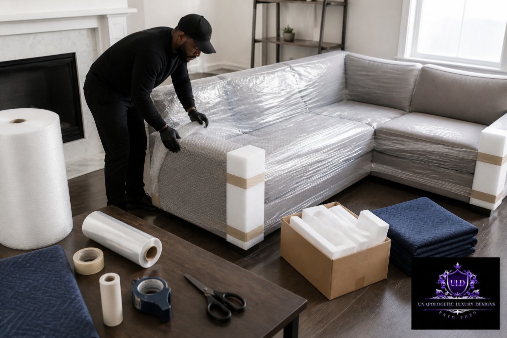 Person carefully wrapping a large upholstered sectional sofa with protective plastic sheeting and bubble wrap, using foam corner protectors and packing tape in a bright residential living room