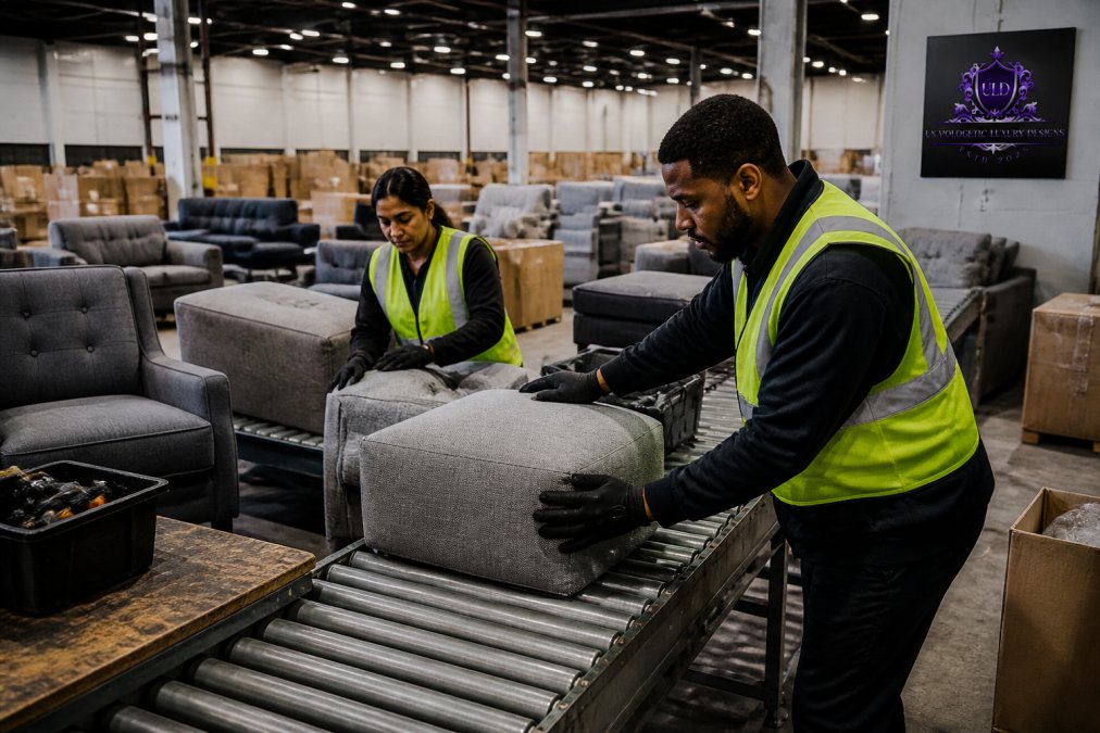 Warehouse workers inspecting and sorting returned upholstered furniture items on a conveyor system under bright overhead lighting, with stacks of furniture awaiting disposition in the background