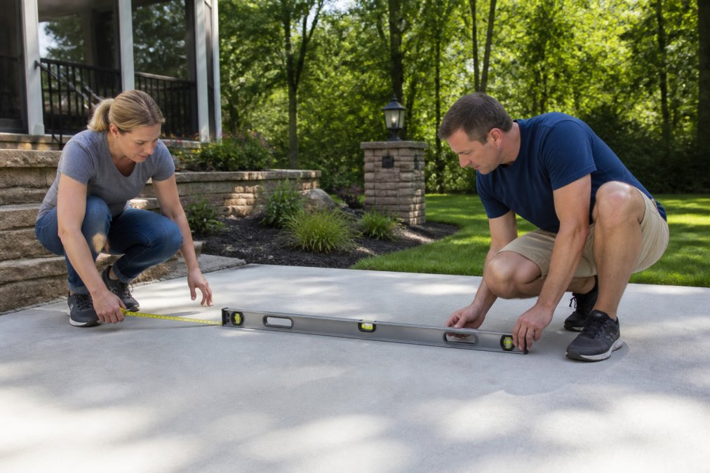 Two homeowners using a tape measure and a long spirit level to check a concrete patio surface in a bright, sunny backyard, with the level tool resting flat across the slab and both people crouching to read it