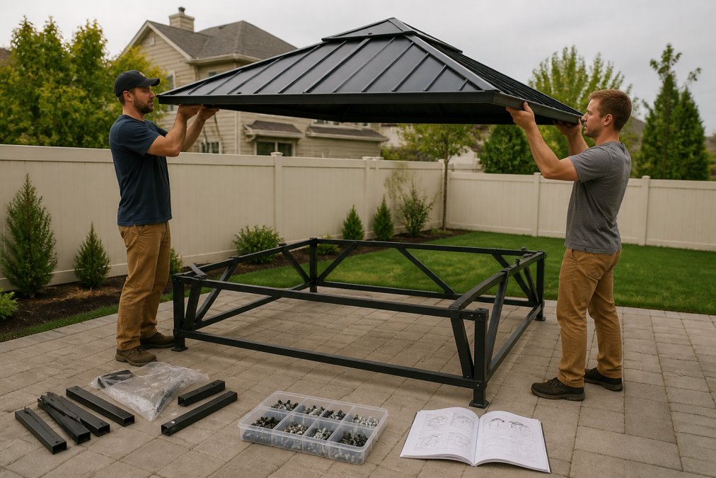 Two people in casual outdoor clothing lifting a large aluminum hardtop gazebo roof panel together in a residential backyard, with the frame base already assembled below them and a hardware kit and open assembly manual visible on the patio nearby
