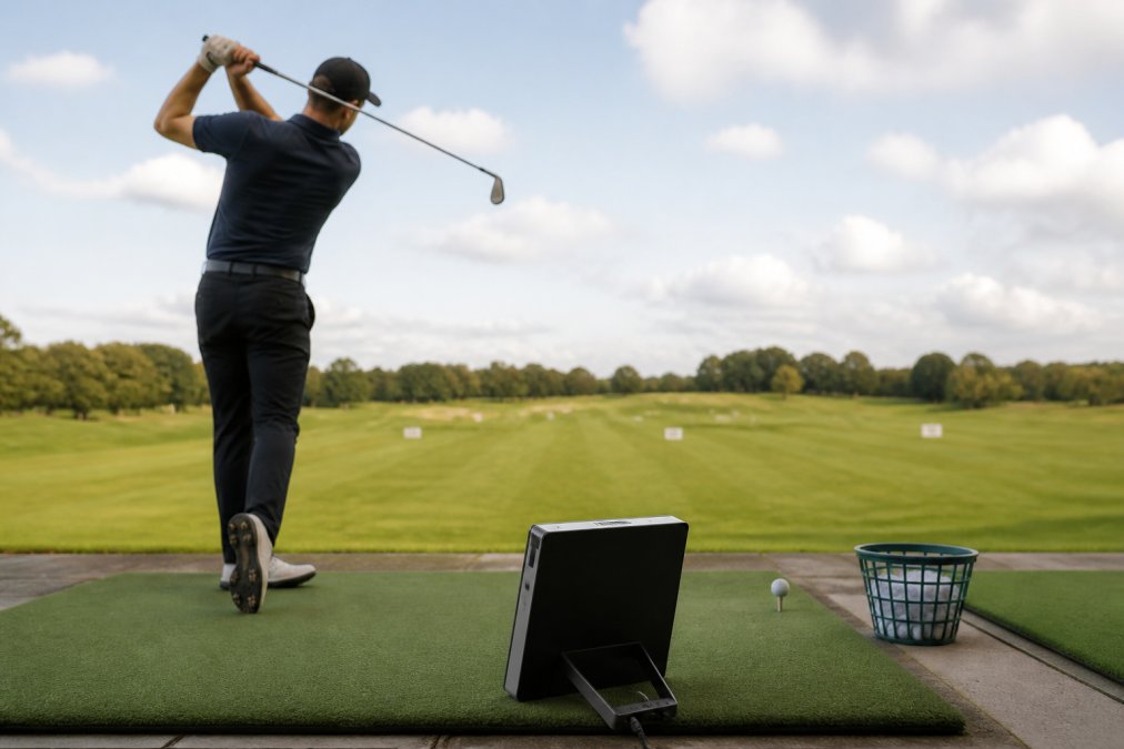 Golfer mid-swing at a driving range with launch monitor device visible in foreground measuring ball flight data, natural outdoor lighting