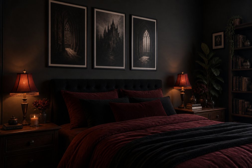 A moody bedroom featuring dark academia aesthetic with gothic digital prints on the wall above a bed, warm ambient lighting, deep burgundy accents, and vintage furnishings creating an intimate, literary atmosphere