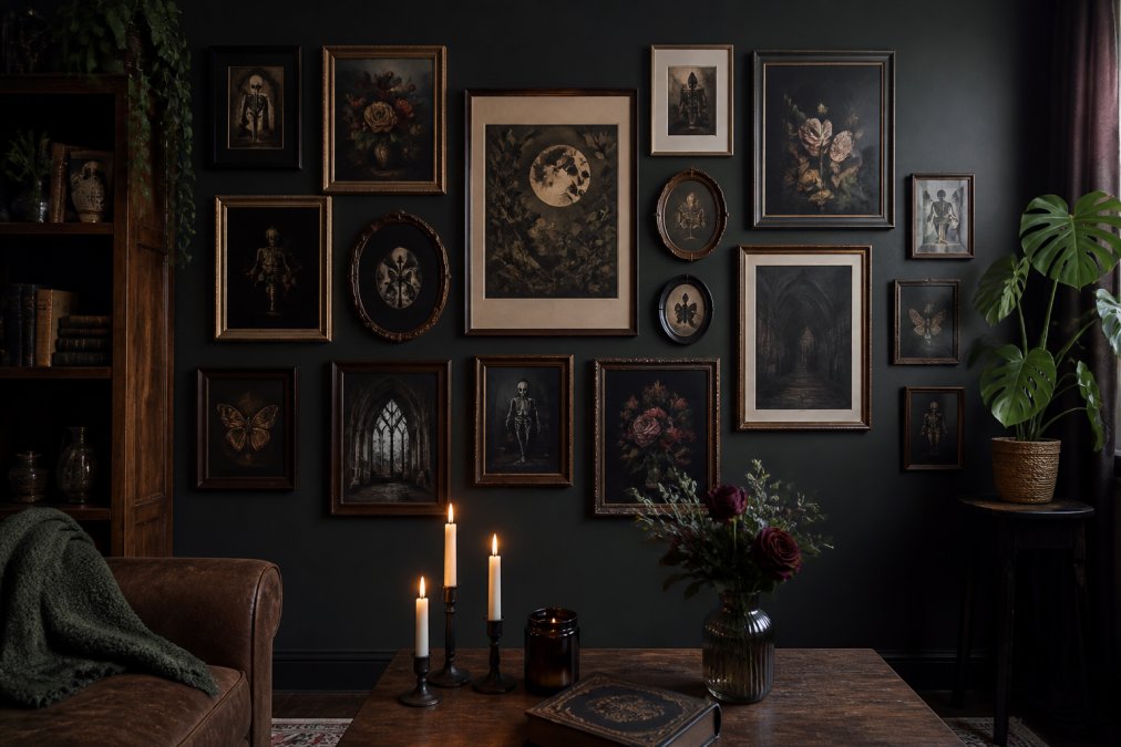 A living room wall displaying a carefully arranged gallery of framed gothic prints in mixed frame styles, featuring celestial and rose motifs, with moody ambient lighting and minimalist surrounding decor
