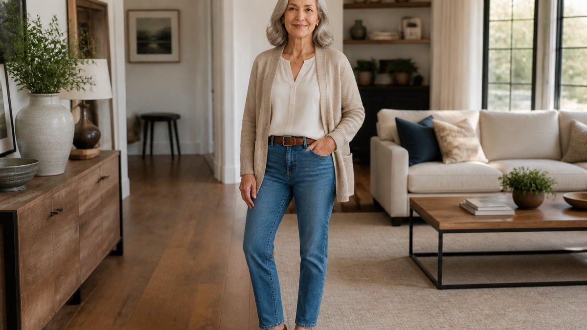 Mature woman standing confidently in a modern living room wearing contemporary casual clothing, tailored jeans, a simple blouse, and a well-fitted cardigan in neutral tones, with natural daylight illuminating her relaxed, intentional styling