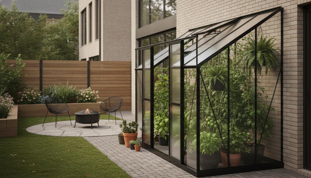 Professional illustration showing modern greenhouse ideas for small backyards