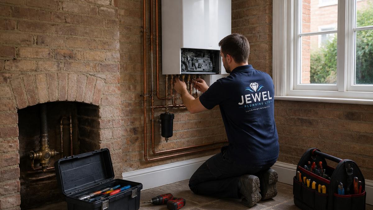 Professional plumber installing a modern condensing boiler in a period property, with tools and equipment visible on the floor, showing expert installation work in traditional brick surroundings