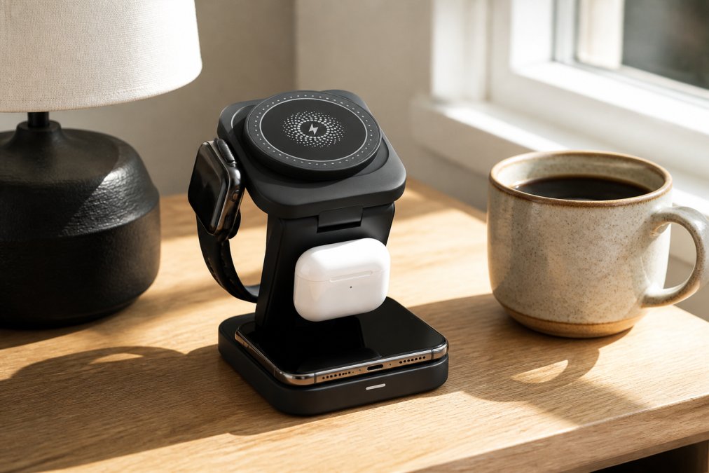 Compact foldable wireless charging station with iPhone, Apple Watch, and AirPods neatly arranged on a minimalist desk next to a lamp and coffee cup, morning sunlight streaming through window