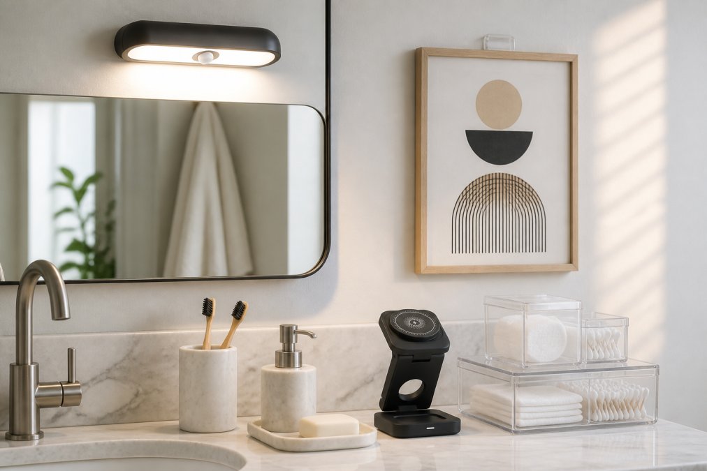 Modern bathroom vanity with motion sensor light mounted above mirror, nano tape holding minimalist wall art, clear storage containers organizing daily items, soft morning light creating clean shadows