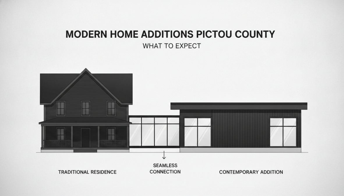 Modern home addition with large windows seamlessly connected to traditional Pictou County residence, clean contemporary lines, and mixed exterior materials under natural daylight