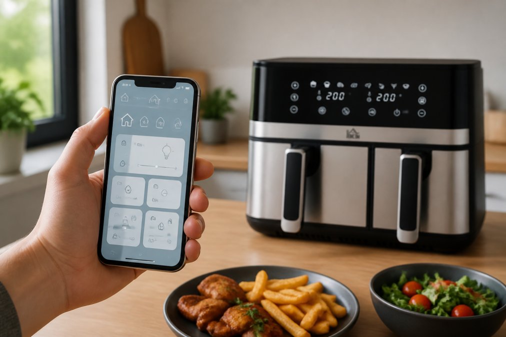 Close-up of a hand holding a smartphone displaying a smart home control app with intuitive interface, modern kitchen appliance visible in soft-focus background, warm natural lighting