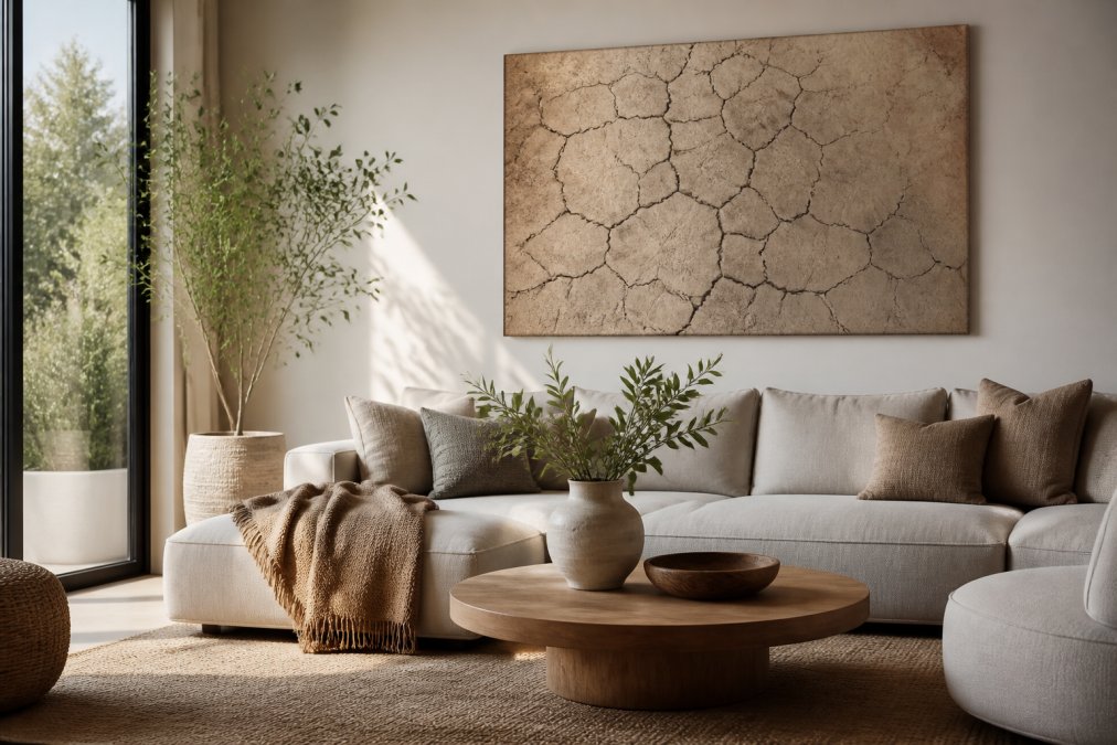 Infographic showing a step-by-step process for styling modern home decor in a sunlit living room with neutral accents.