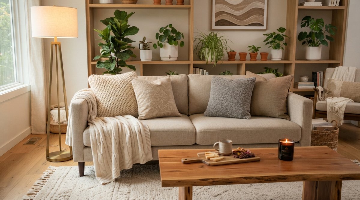 Modern living room with layered throw pillows in neutral tones on a cream sofa, a plush area rug anchoring the seating area, warm accent lighting from a brass floor lamp, and botanical plants on floating shelves above a console table