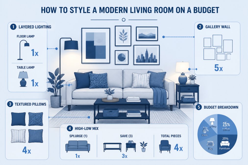 Modern living room styled with neutral sofa, layered lighting from floor and table lamps, textured throw pillows, and gallery wall arrangement showing high-low furniture mixing