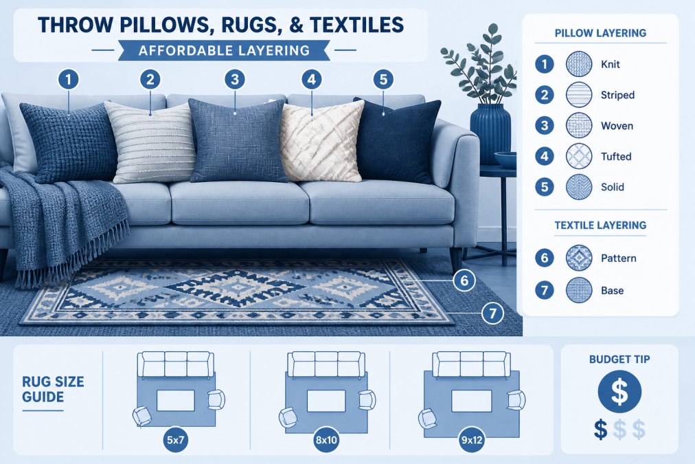 Close-up of modern sofa styled with multiple throw pillows in complementary neutral textures, paired with patterned area rug showing layering technique and textural variety
