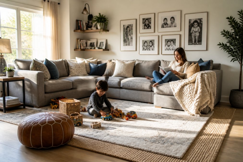 Child playing on rugs in a modern home decor living room while a parent reads nearby