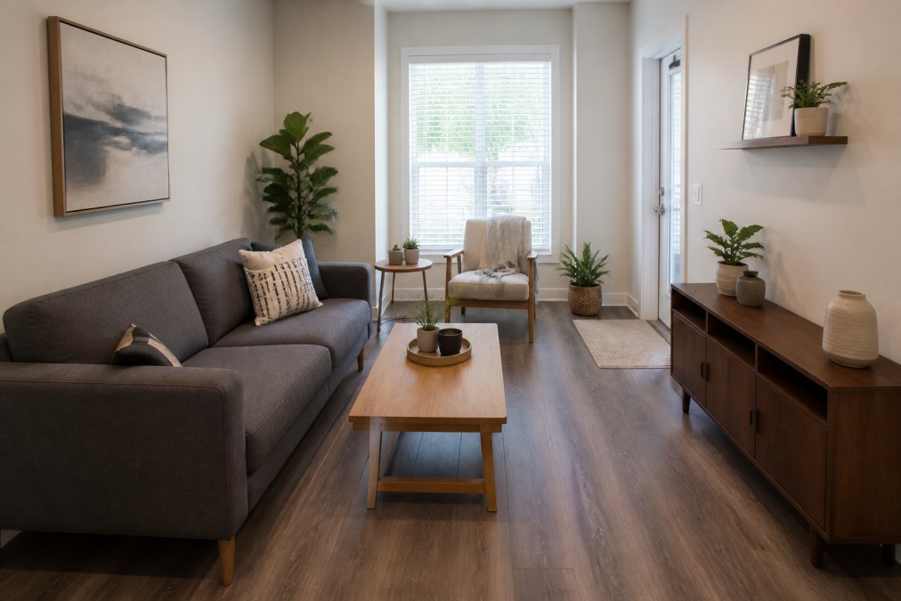 Modern small living room with strategically arranged furniture showing open floor space, a gray sofa positioned against one wall, a low wooden coffee table creating clear pathways, and light-colored walls with minimal decor