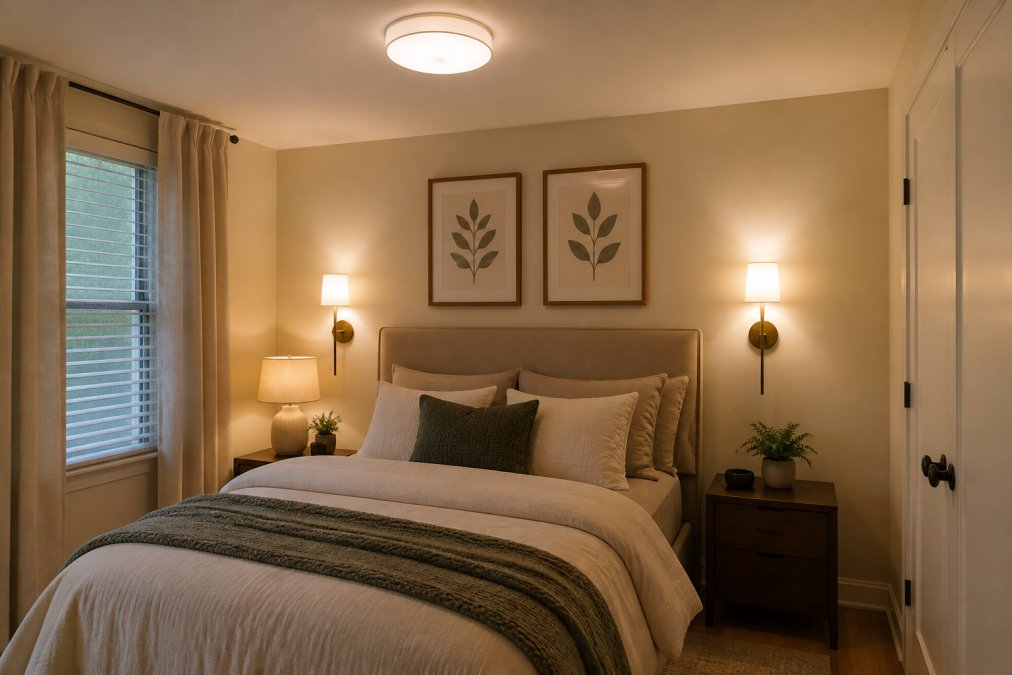 Cozy small bedroom illuminated with layered lighting including a wall sconce on either side of the bed, a warm table lamp on the nightstand, and soft ambient overhead light creating a bright, airy atmosphere with warm tones