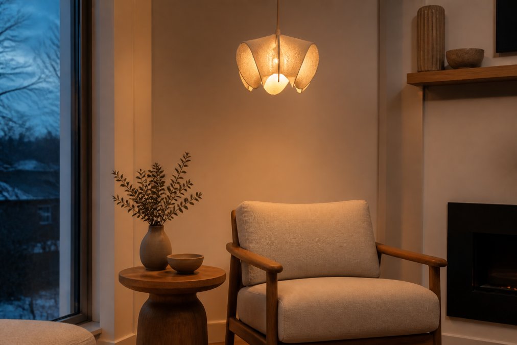 A cozy modern living room corner at dusk featuring a handmade sculptural pendant light glowing warmly above a minimalist armchair and a small wooden side table