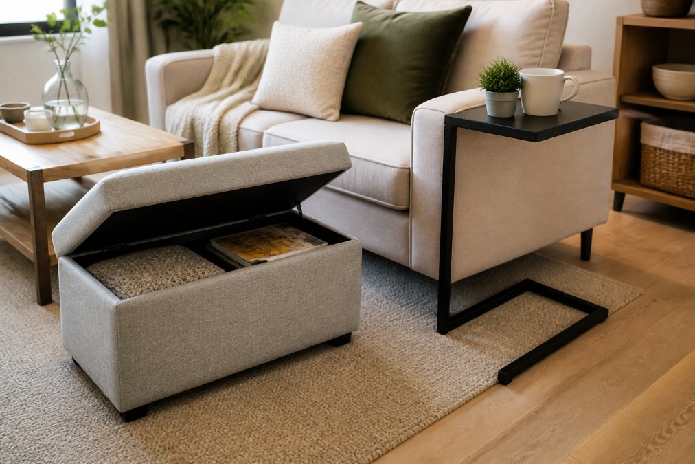 A bright compact living room with a foldable storage ottoman bench used as seating and a slim C-shaped end table beside a sofa, showing how one piece serves two purposes
