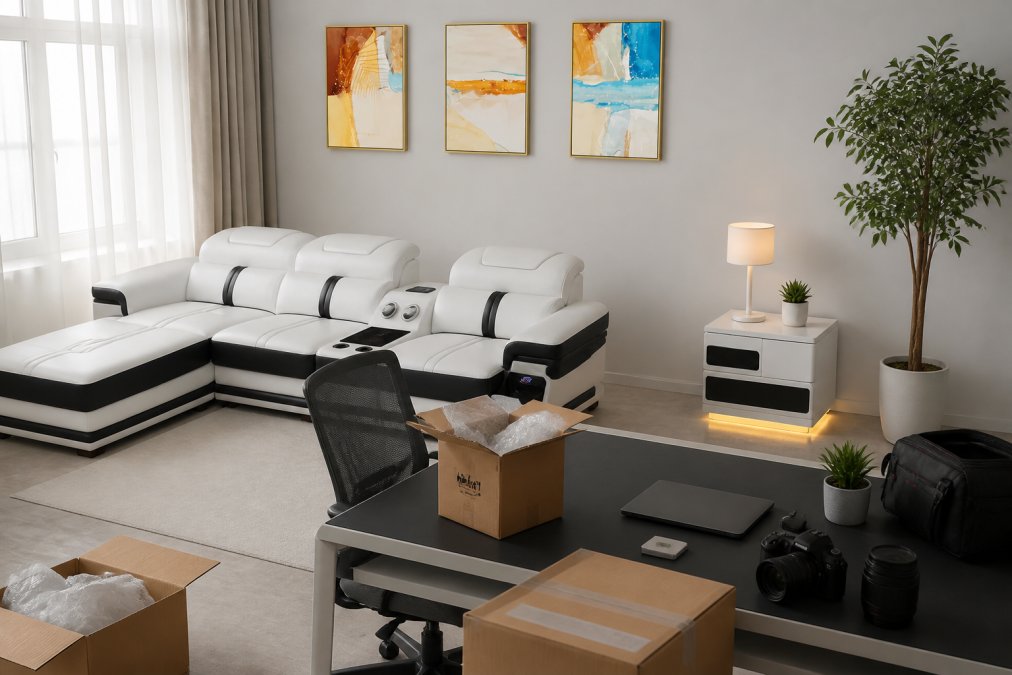 Young professional working at a minimalist modern desk with warm natural light streaming through windows, smart nightstand with LED lighting visible beside the desk, and clean Nordic-style workspace setup