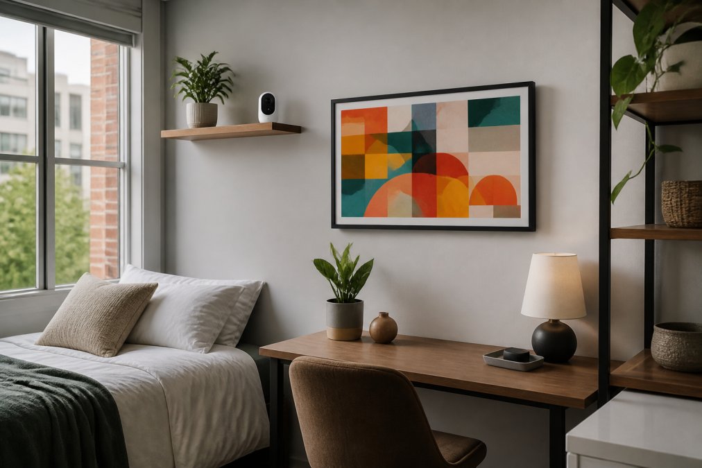 Compact apartment bedroom with a digital display frame mounted on the wall above a small desk showing vibrant artwork, a smart security camera subtly positioned on a shelf nearby, natural window light creating warm ambiance