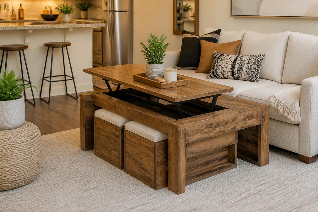 A compact living room featuring a lift-top coffee table with nesting stools tucked underneath, showing how multiple furniture pieces serve distinct purposes in a small studio apartment with natural window light
