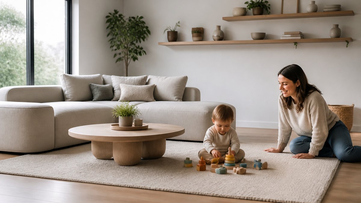 A bright modern living room with a low-profile sofa, a round coffee table with rounded edges, a washable area rug, and a toddler playing safely on the floor while a parent watches from nearby. ### Anchor Every Piece of Furniture Bookcases, dressers, and TV stands tip over when a toddler climbs them. Anchor each one to the wall with a furniture strap or bracket. This is the single most important step, and it takes minutes per piece. ### Rethink Coffee Tables, Cords, and Sharp Corners Swap a glass coffee table for a round wood or upholstered ottoman. Tuck cords into a wall-mounted channel or behind a cord cover. Add corner guards to any edge at toddler height. None of these changes are visible from across the room. ## Choosing Safe Furniture for Toddlers That Still Looks Intentional Safe furniture for toddlers is furniture that is stable, low to the ground, and finished without harsh chemicals. It should also look like a deliberate design choice, not a concession. Solid wood, metal, and dense upholstery all fit that brief, but the difference between a safe piece and a hazard often comes down to details you can check in the store. ### What to Look For When You Shop - **Solid wood or metal over particleboard.** Composite pieces are lighter, which makes them easier to tip, and they chip and swell when wet. A solid wood or metal frame holds up and resists tipping better. - **Water-based, low-VOC finishes.** These off-gas less than solvent-based lacquers. If a piece has a strong chemical smell in the showroom, that is a signal to keep looking. - **Rounded or beveled edges.** Square corners at toddler height are the ones that cause cuts and bruises. Rounded profiles are safer and read as more modern anyway. - **Weighted or wide bases.** A piece with a wide footprint and weight low in the frame is harder to tip than a tall, narrow one. Avoid tall, narrow bookcases and dressers unless you anchor them. ### How to Check Tip-Over Resistance Before You Buy Open the top drawer of a dresser and pull it all the way out. If the piece tips forward or feels unstable, it will tip when a toddler climbs it. Push gently on the top corner, a stable piece should not rock. Check whether the back panel is solid enough to accept an anchor. A common pattern is that cheaper pieces have thin back panels that tear when a strap is attached under load, so anchor into the frame or a stud instead. ### A Common Mistake Buying a cheap particleboard unit "just for now" rarely works out. It wobbles, chips, and rarely survives a toddler. Buy one sturdy piece instead of three flimsy ones, and anchor it the day it arrives. If you are renting and cannot drill, look for freestanding pieces with a weighted base or use a removable adhesive strap rated for the piece's weight, and test the adhesive on a hidden spot first. :::warning An unanchored dresser or bookcase is one of the most serious hazards in a toddler's room. Anchor it before your child can climb, not after. ::: ## Toddler-Friendly Rugs: Soft, Washable, and Actually Stylish Toddler-friendly rugs are flat-weave or low-pile styles made from washable, non-shedding materials. They cushion falls, define a play zone, and clean up fast after spills. A busy pattern hides stains better than a solid light color. Good options include: - Cotton flat-weave rugs - Machine-washable synthetic blends - Jute with a soft backing - Reversible cotton dhurries Avoid long shag and loose fringing. Both trap crumbs and pose a trip risk. :::tip Put a nonslip pad under every rug, even washable ones. A rug that slides on hardwood is a fall waiting to happen, and pads cost less than a single urgent care visit. ::: ## Modern Toddler Room Decor: A Room-by-Room Safety Checklist Modern toddler room decor should follow the same three rules in every room: anchor, soften, and secure. But each room hides different hazards, and a toddler's reach changes month to month. Use the checklist below as a starting point, then adjust for your child's current stage. ### How to Assess Any Piece Before It Comes Home Before you buy or keep a piece, run it through these criteria. They apply in every room. - **Tip-over resistance:** A freestanding dresser, bookcase, or TV stand should be anchored to a wall stud or to a wall anchor rated for at least twice the item's weight. The Consumer Product Safety Commission maintains a public list of furniture tip-over incidents and recalls worth checking before purchase. - **Anchoring hardware:** Look for furniture sold with an anti-tip kit in the box. If it is not included, a strap or L-bracket rated for the piece's weight is a low-cost add-on. - **Choking hazards:** Anything smaller than a toilet paper tube is a choking risk for a child under three. That includes decorative pebbles, small figurines, loose buttons on pillows, and detachable knobs. - **Cord risks:** Blind cords, lamp cords, and charging cables should be secured with a cord cleat, channel, or cover, and kept out of reach of cribs, beds, and play areas. - **Material safety:** Favor solid wood, metal, and water-based low-VOC finishes over particleboard and solvent-heavy lacquers. A common pattern is that cheaper composite pieces off-gas more and chip more easily. ### Living Room - [
