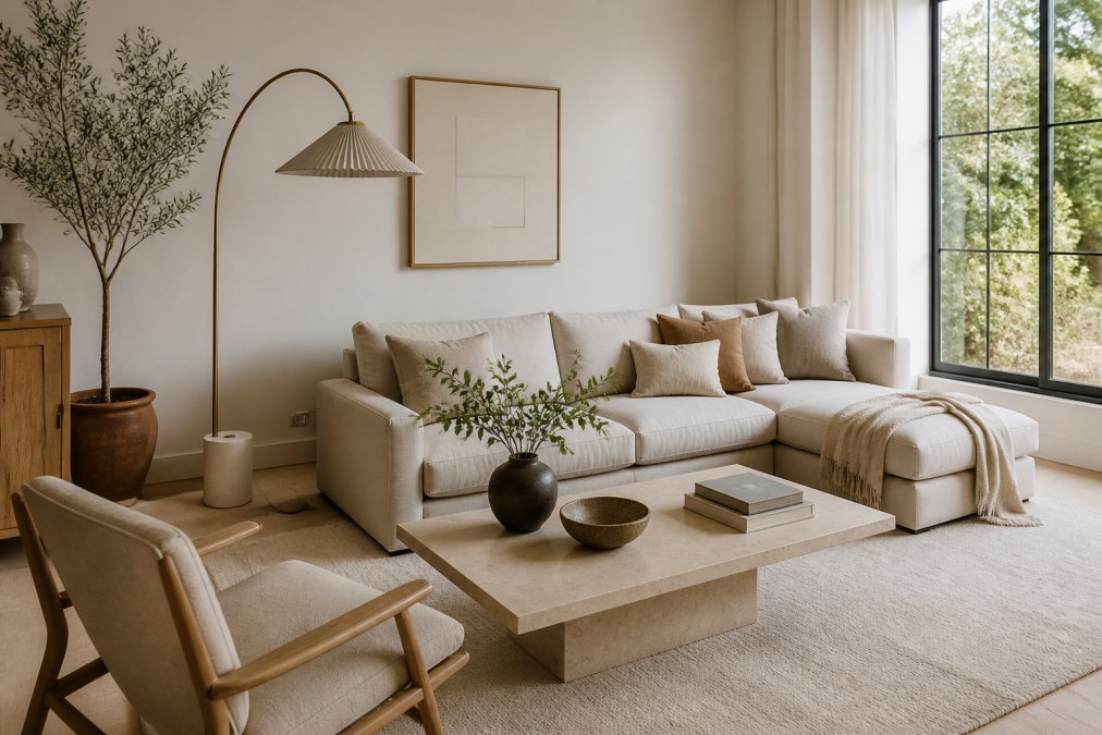 A bright, airy modern living room with a warm neutral color palette, clean lines, a low-profile linen sofa, a large window flooding the space with natural light, and a single sculptural floor lamp