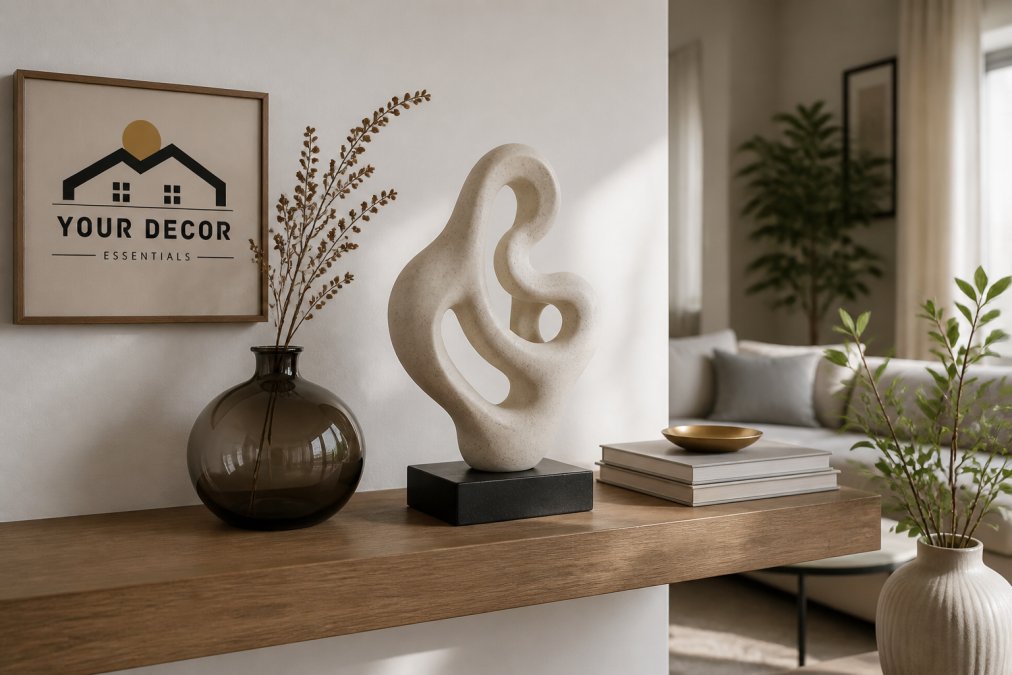 A modern living room shelf styled with an abstract resin sculpture, ceramic vase, and stacked books, with soft natural light highlighting the textures